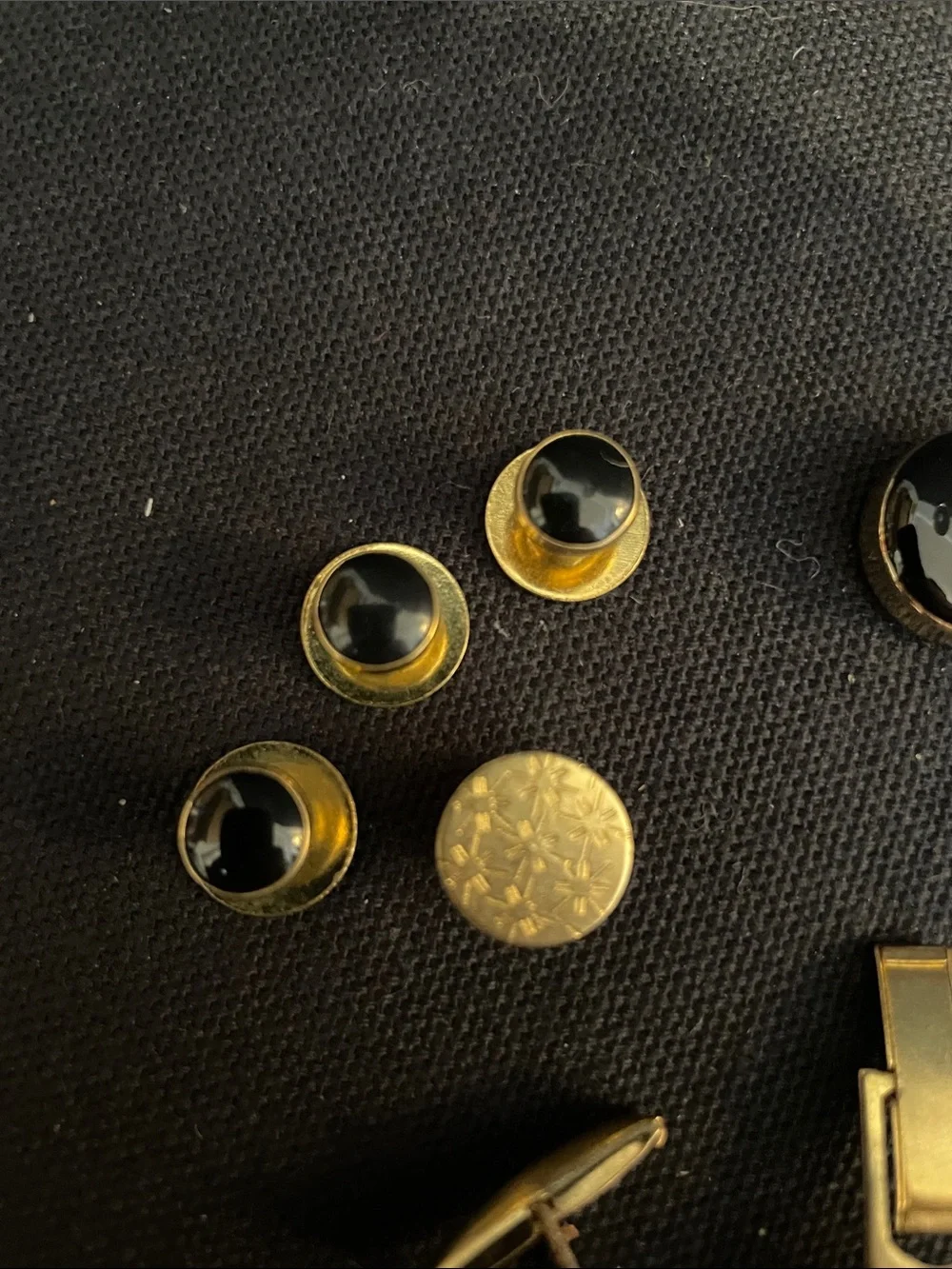 Gold-Tone Cufflinks & Button Set with Black Inset  - Men's Dress Accessory